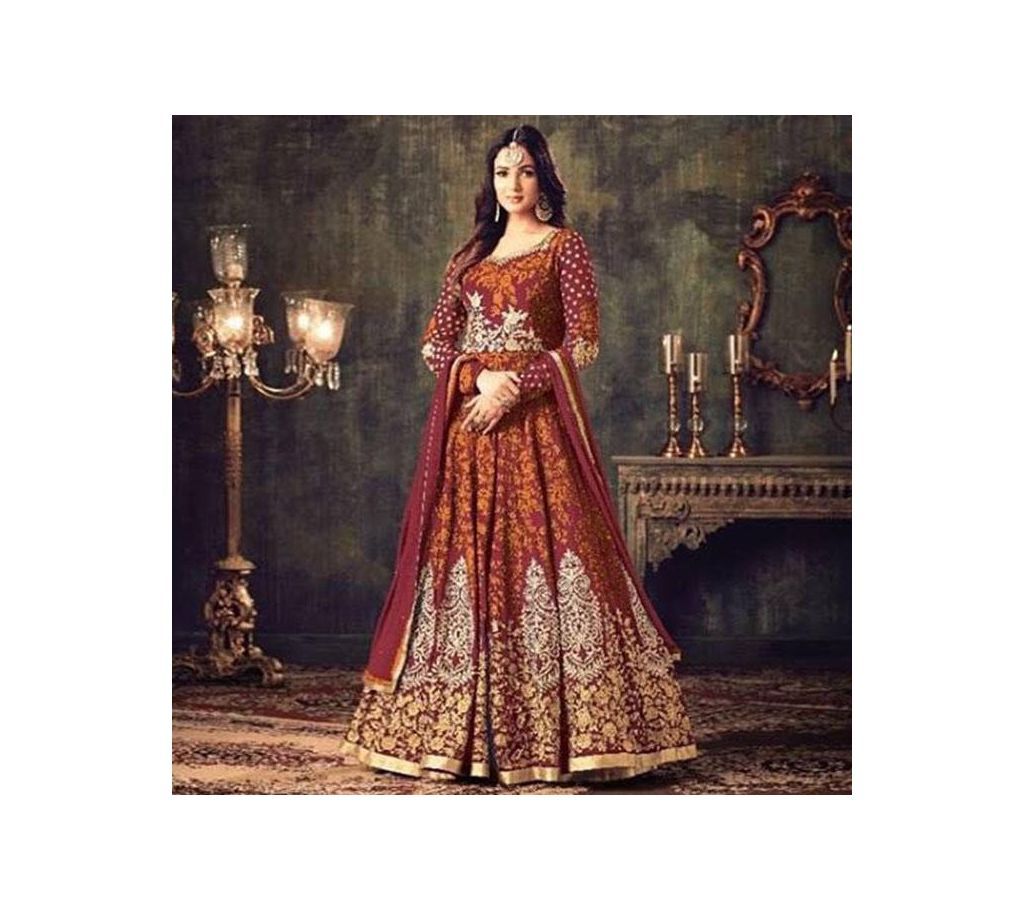 Unstitched Orange and Golden Georgette Gown For Women