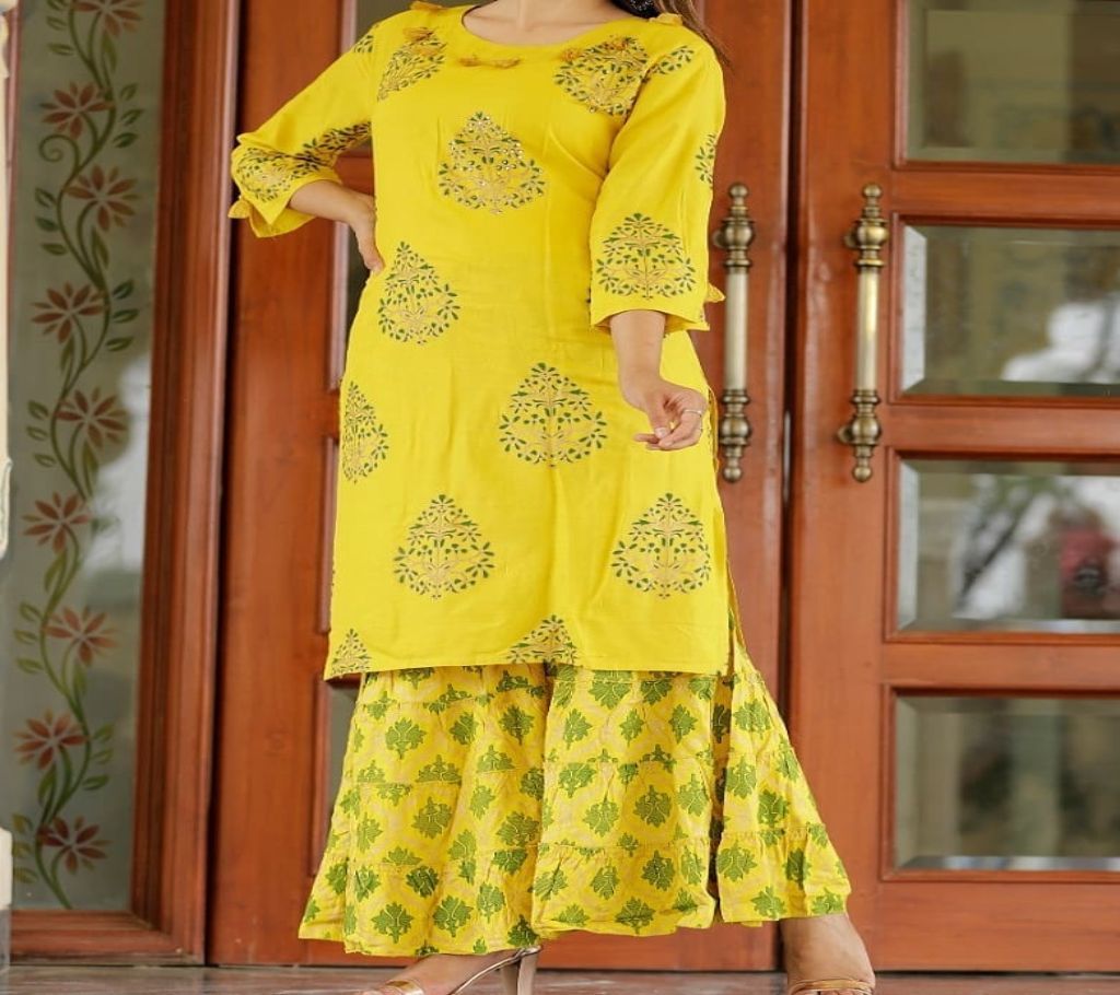 Latest Yellow Block Printed 2 Piece Salwar Kameez for Women-free size