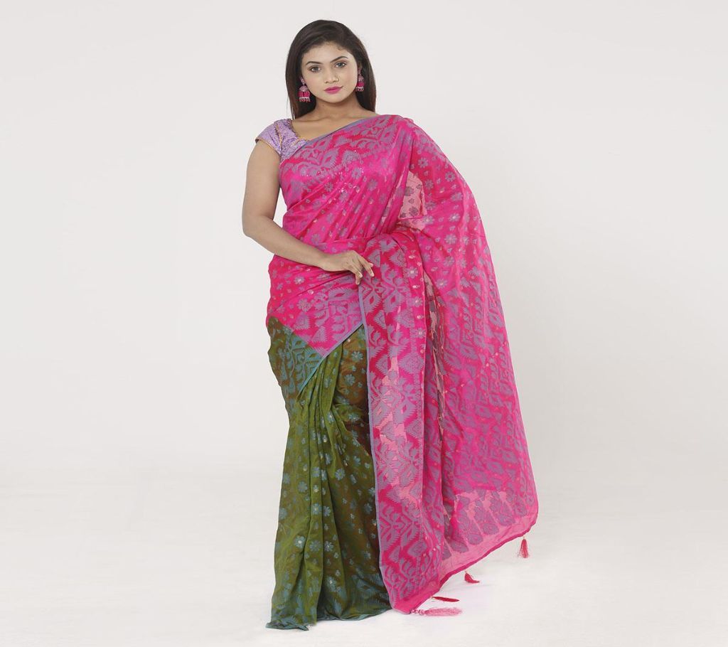 Megenta & Moss Colour Tangail Half Silk Jamdani Saree