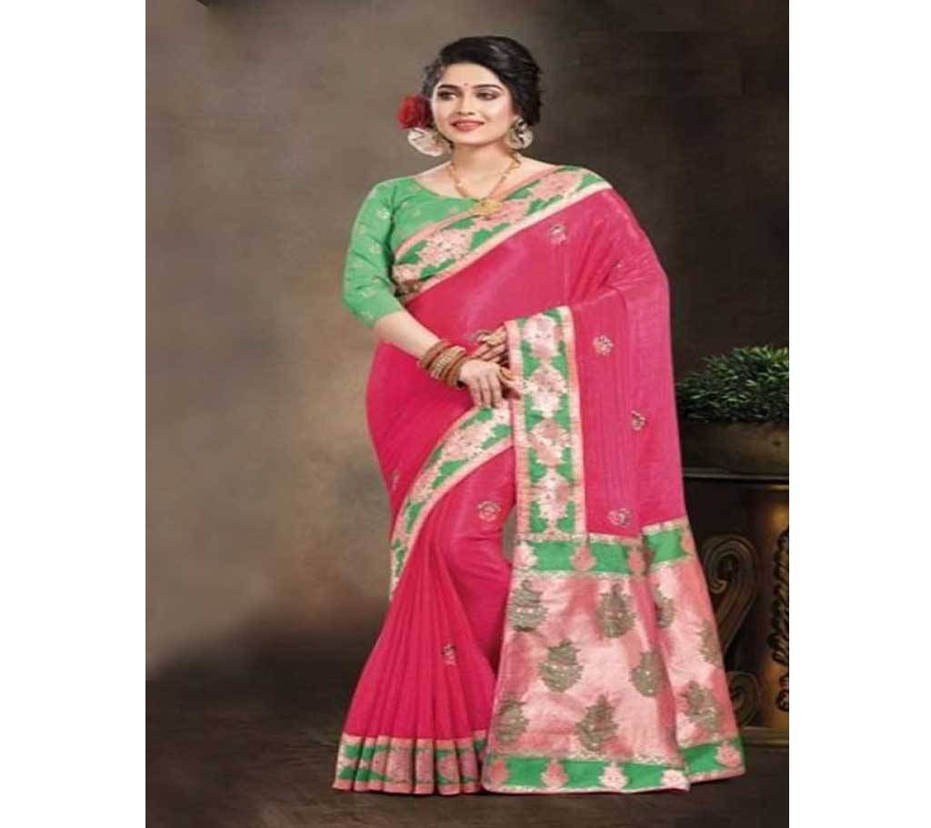 Pink and Light Green Embroidery Work Katan Saree For Women