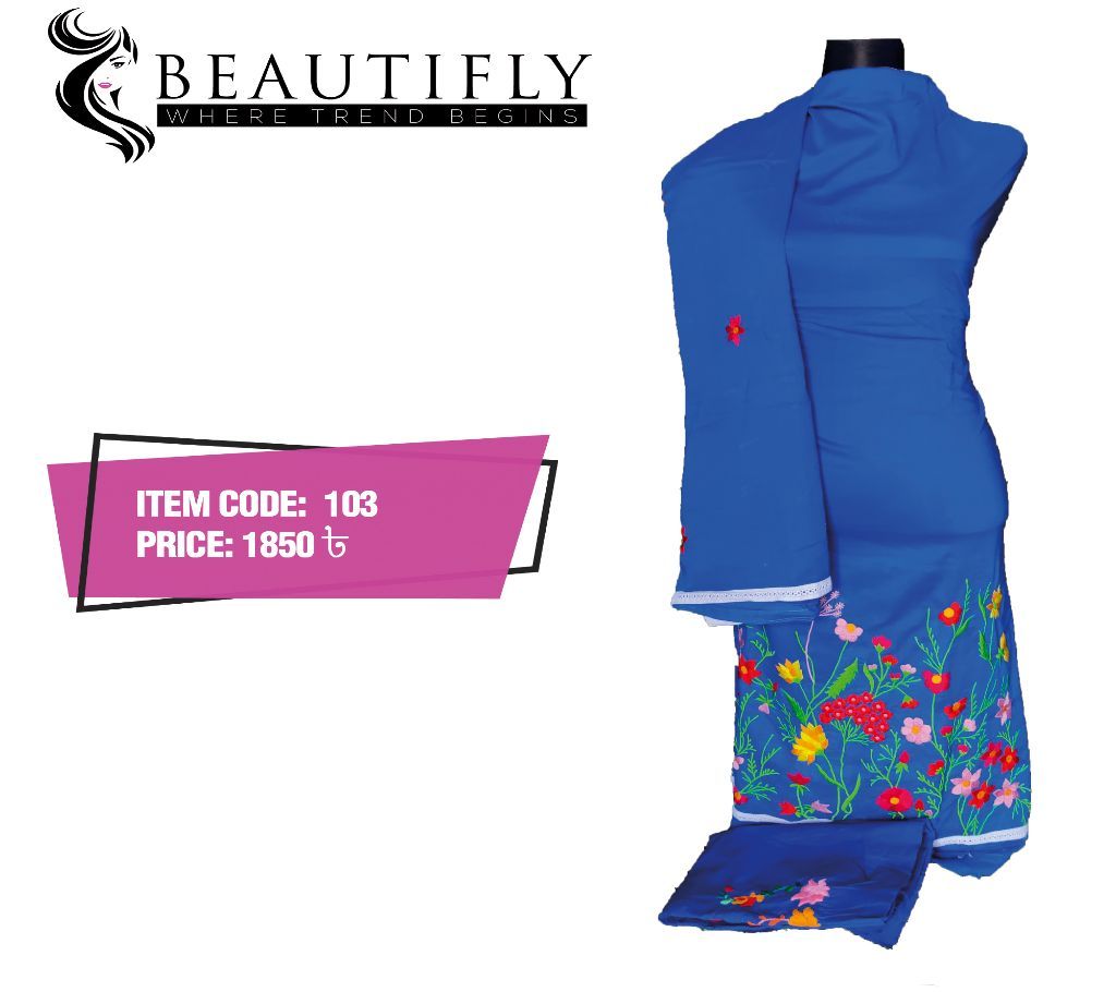 Unstitched Hand Embroidery Dress- navy blue