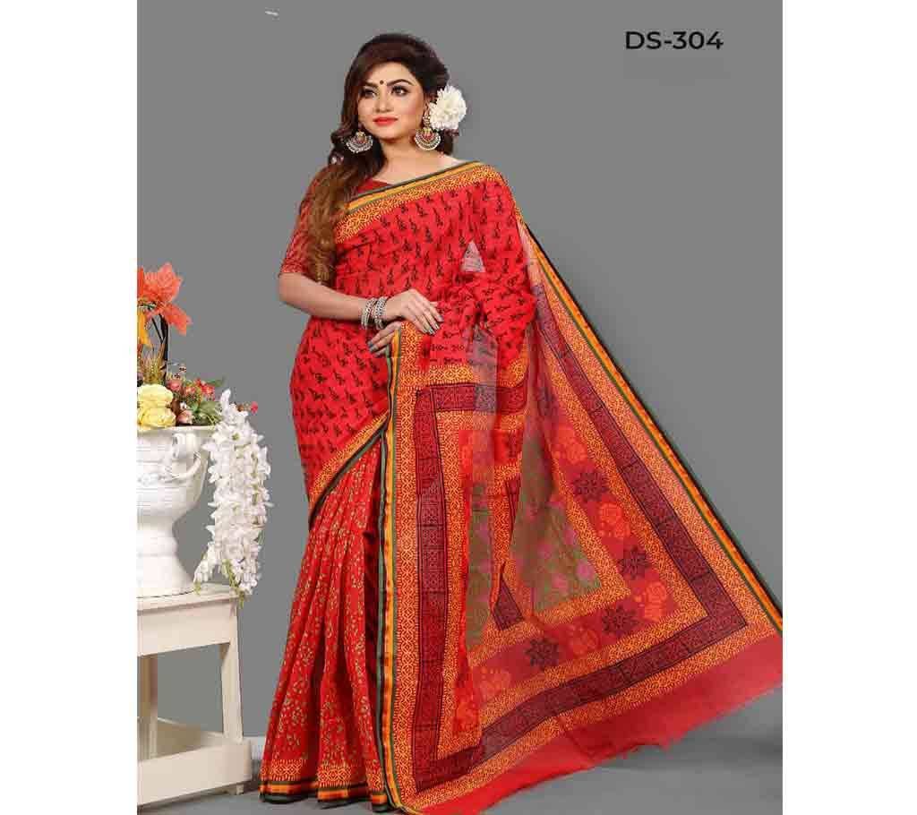Cotton Kota Block Saree With Blouse Piece-Red