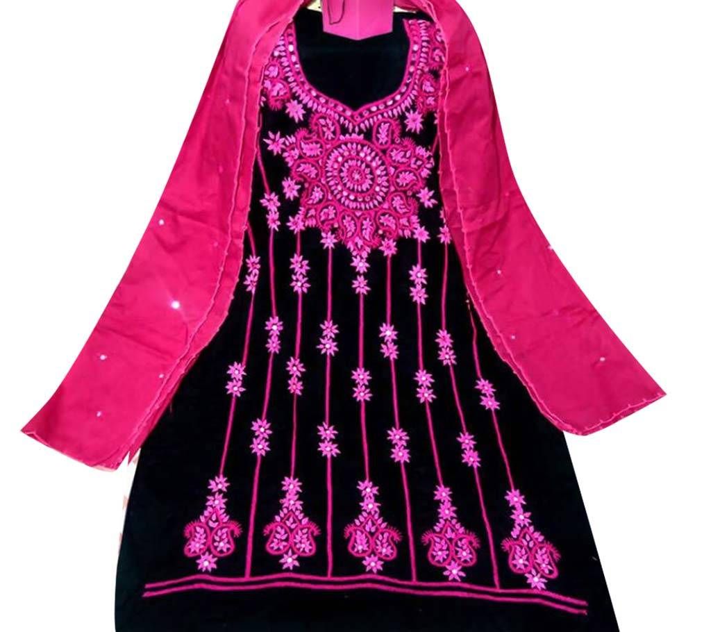 Unstitched Cotton Fabric Hand Embroidery Two Piece-Black