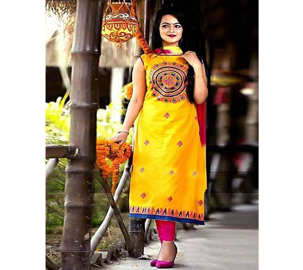 Unstitched Yellow Cotton Block Printed Shalwar Kameez For Women
