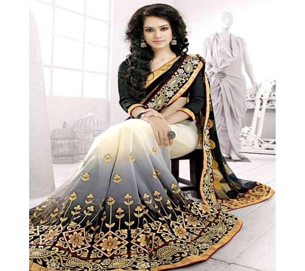 INDIAN GROOVY BLACK & GREY GEORGETTE SAREE FOR WOMEN