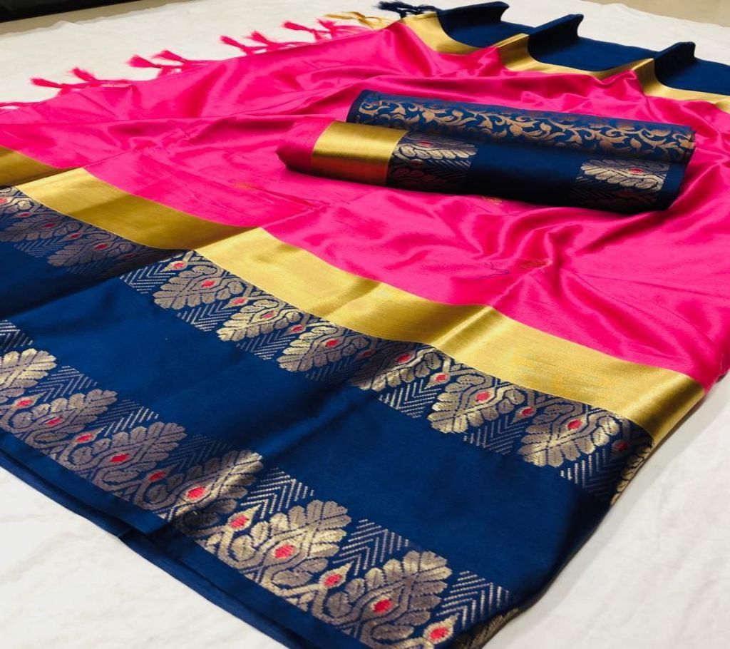 Cotton Silk Saree with Embroidery Design Color Pink with Nave Blue Golden Paar