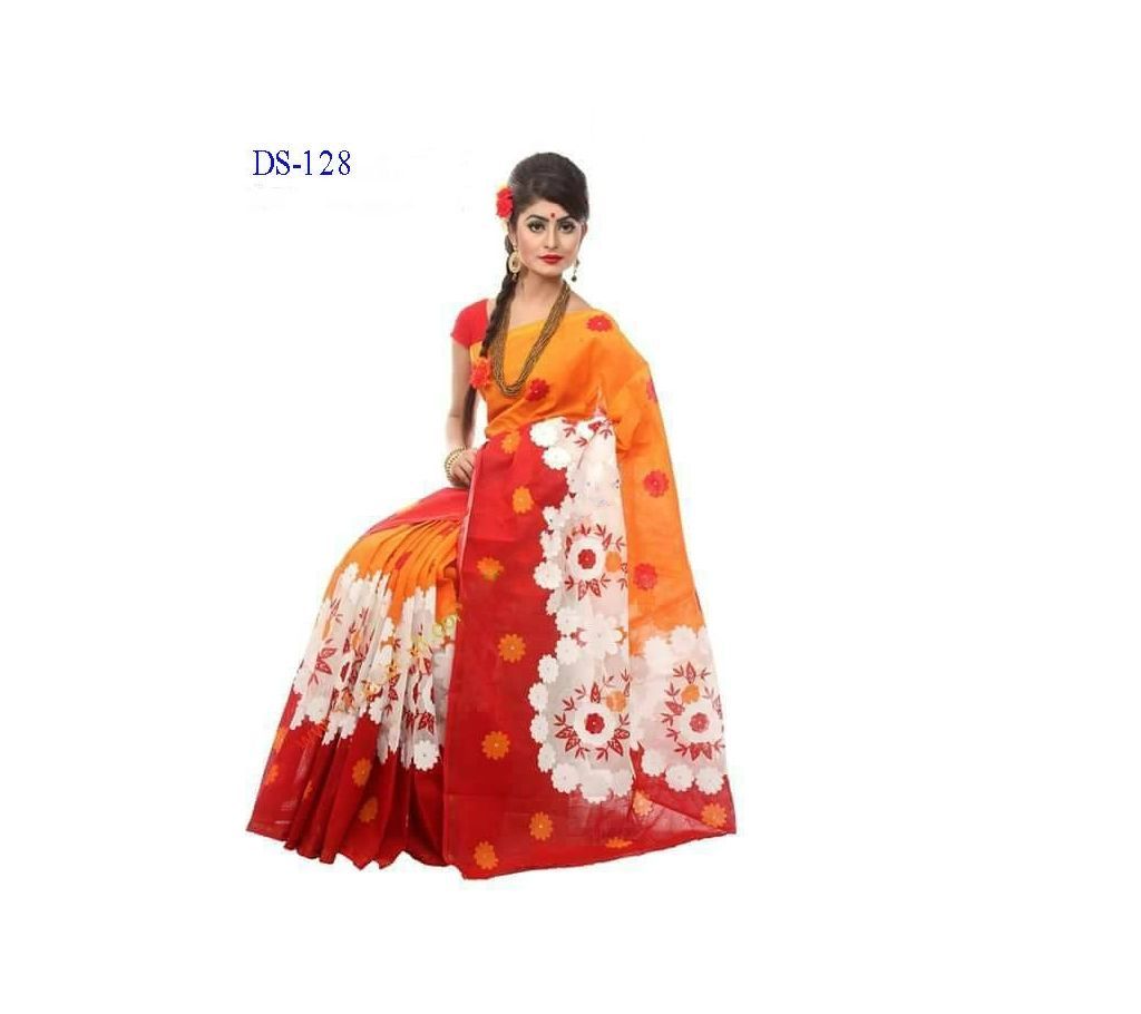 Skin Botiques Cotton Sharee DS-128 Orange, Red, White Flower Design