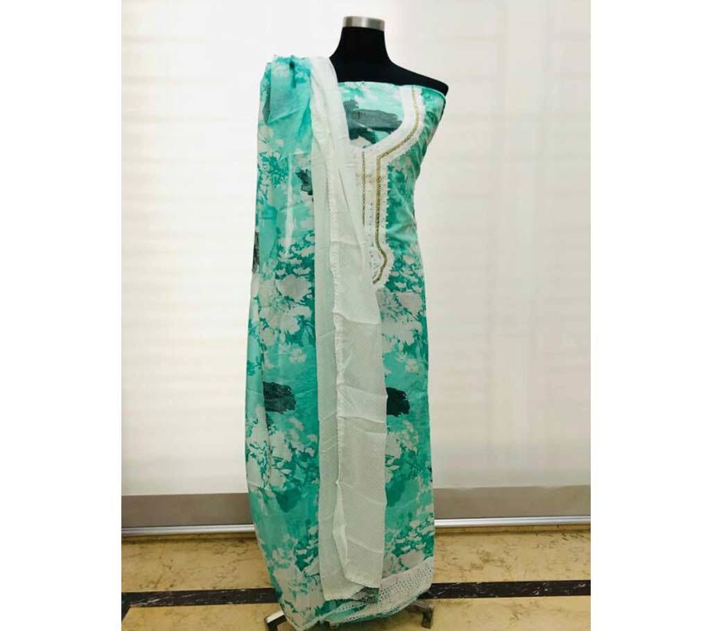 Eshani Aqua Green with Aqua Green and Cream Mix Dupatta cotton Three Piece 