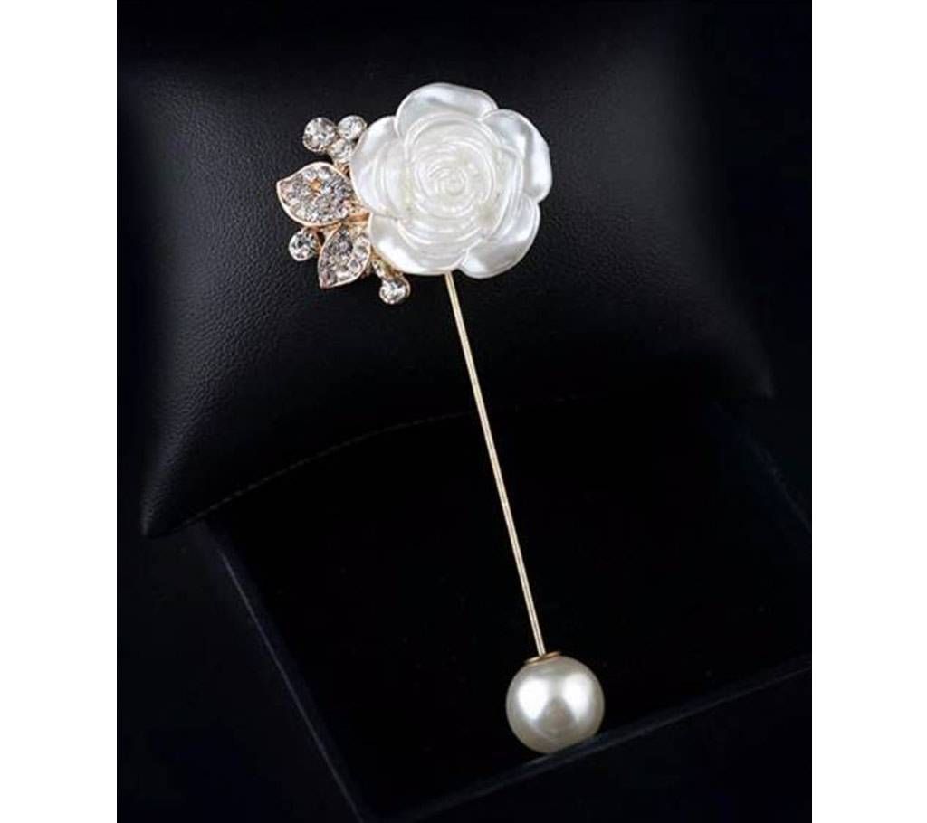 Camellia Pearl Boutonniere Long Pin Brooch