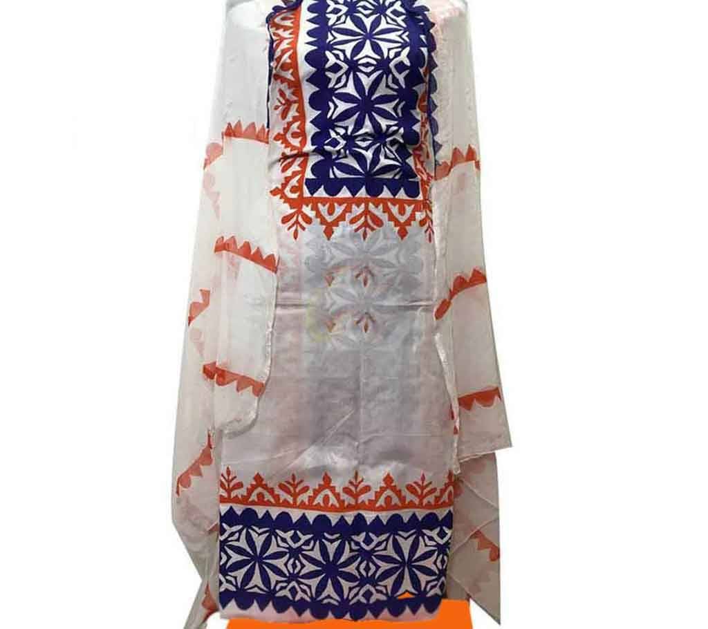 Off White with Navy Blue and Orange Design Unstich Block Print Cotton 3pc - D.No-04