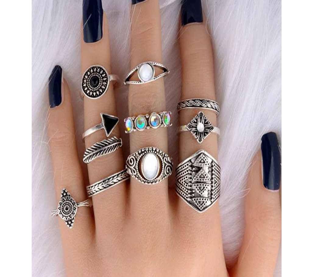 10PCS/Lot Opal Leaf Stone Ring Set - Silver