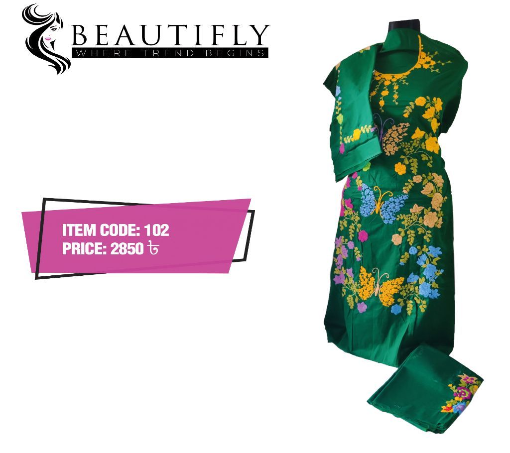 Unstitched Hand Embroidery Dress- Green
