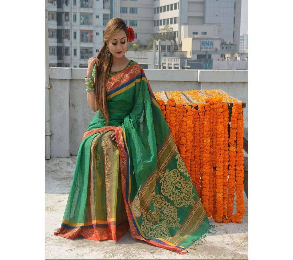 Block Cotton Saree - Green Color With Maroon Par