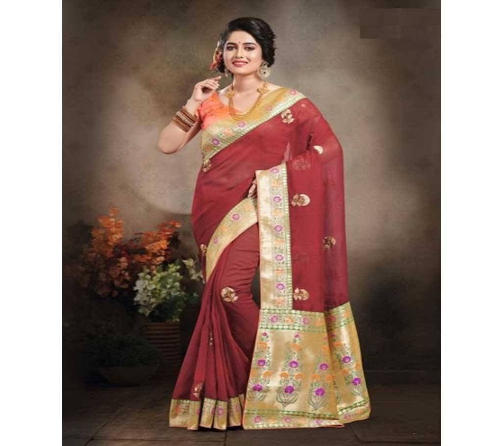 Marron and Golden Embroidery Work Katan Saree For Women
