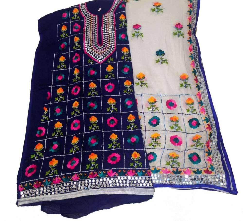 Unstitched Blue Cotton Phulkari Handset Dollar Work-2 Piece