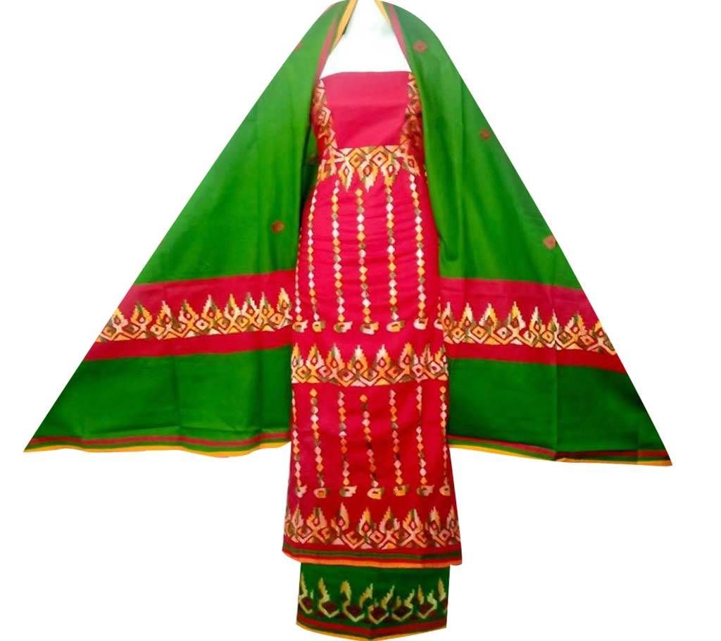 Unstitched Cotton Fabric Hand Work Three Piece-Red and Green