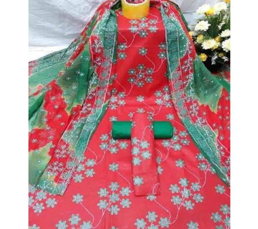 Unstitched Skin Printed Three Pice - Red 