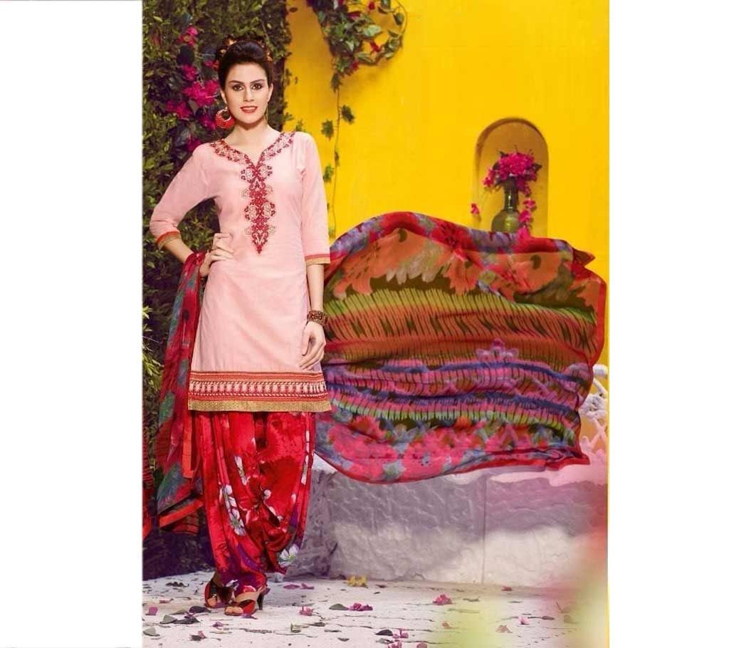 Unstitched floral embroidery cotton replica three pc