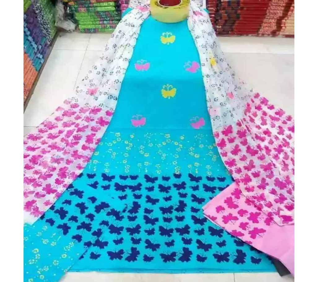 Unstitched Sky Blue Cotton Block Printed Shalwar Kameez 