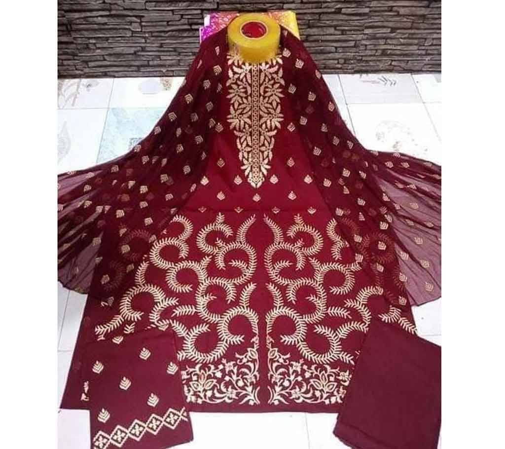 Red Maroon with Golden Leaf Design Whole Body - Cotton Print 3pc - 3