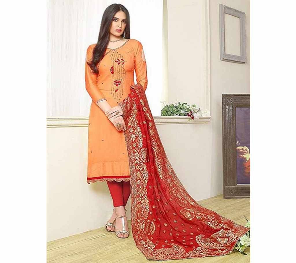 Mehandi Salwar Suit - Orange With Red Orna