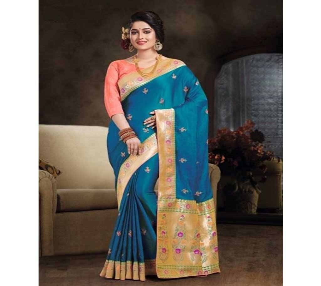 Sky Blue and Golden Embroidery Work Katan Saree For Women