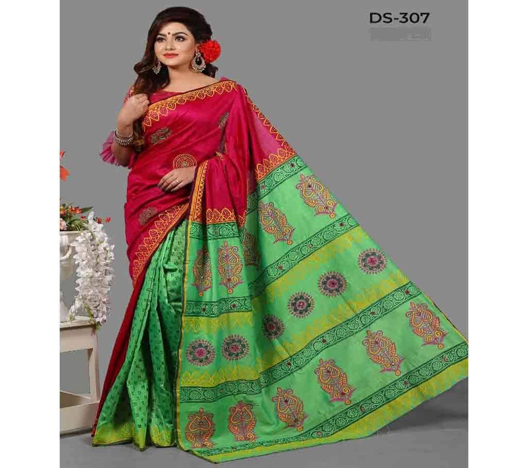 Silk Saree With Blouse Piece-Red Green