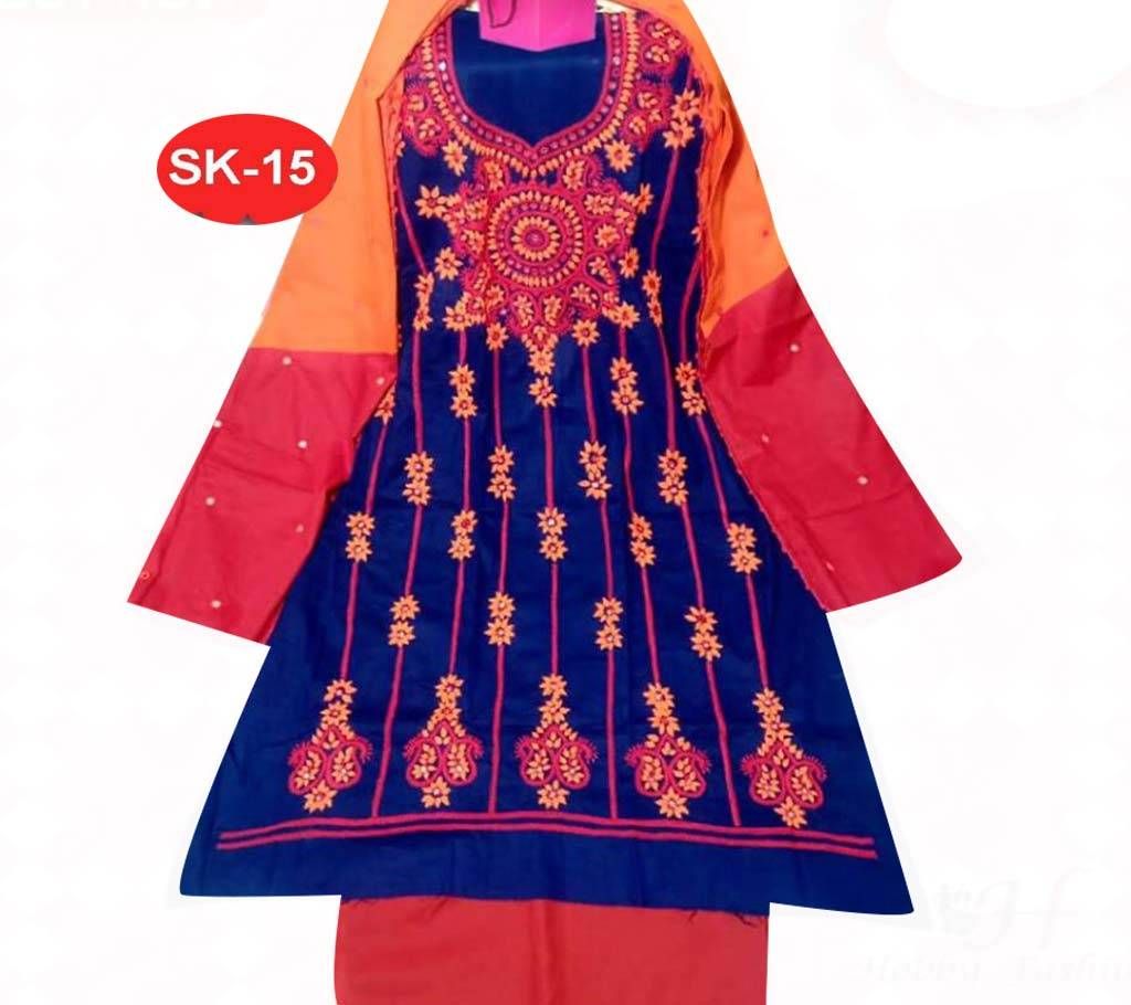 Unstitched Cotton Fabric Hand Embroidery Three Piece-Blue and Maroon