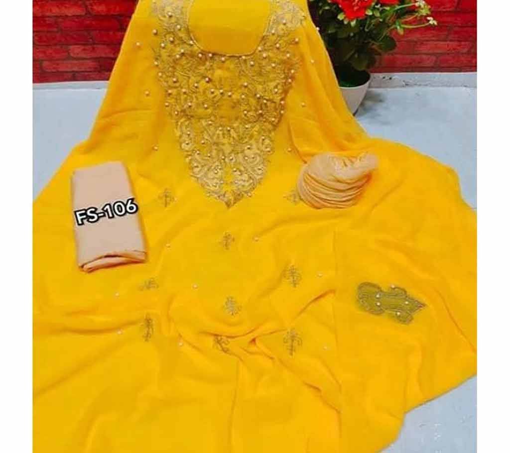 Semi Stitched Indian Weightless Georgette - Embroidery Three Piece yellow-26