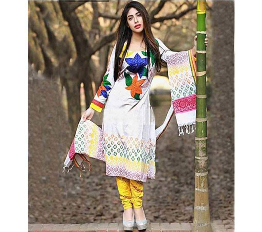 Unstitched White Cotton Embroidery Shalwar Kameez For Women