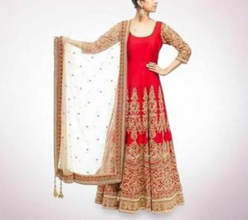 Unstitched red and golden embroidery Georgette