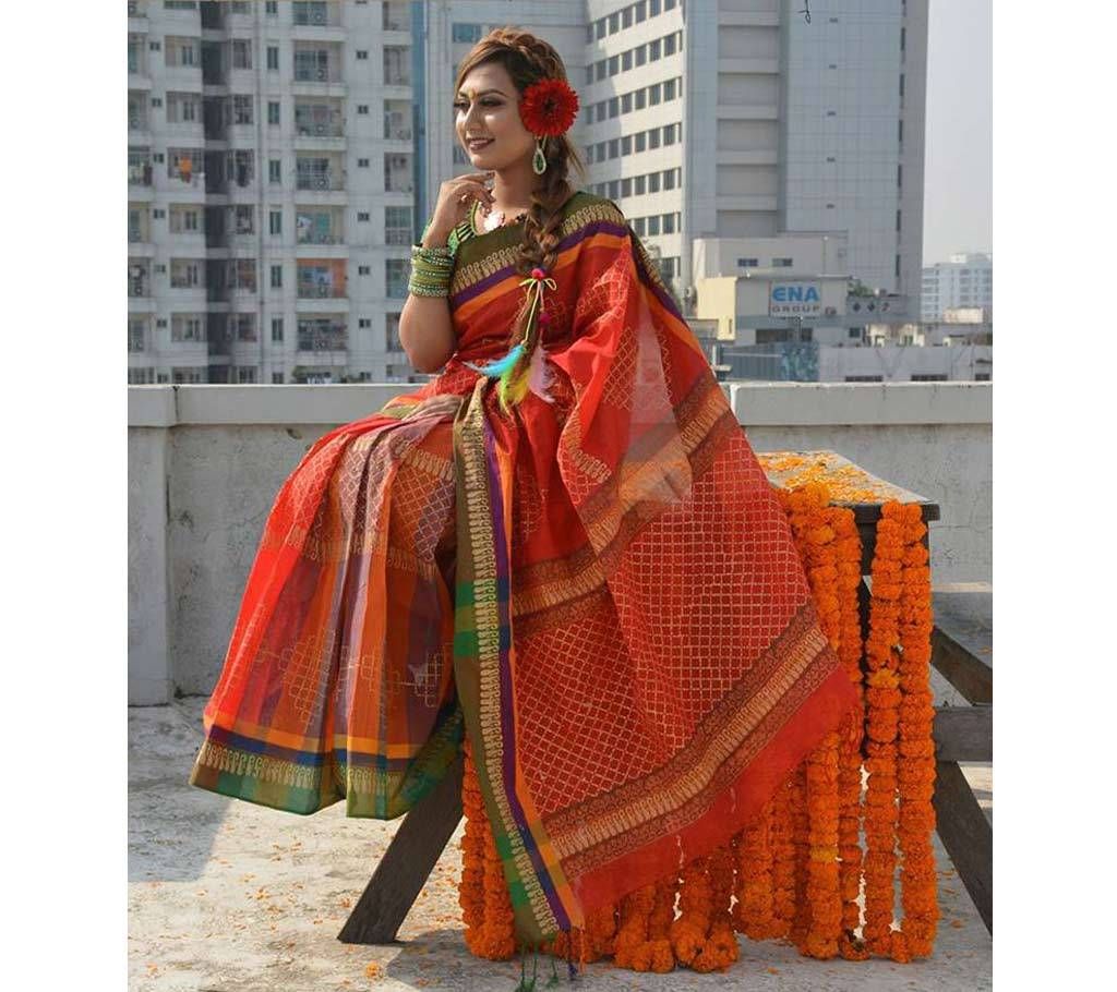 Block Cotton Saree - Red Color With Green Par