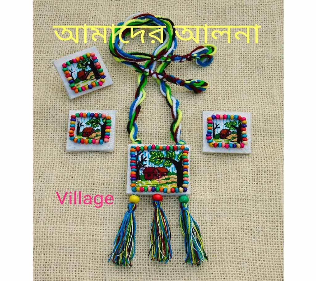 Embroidery Jewellery Set: Village Pendant with Earrings 