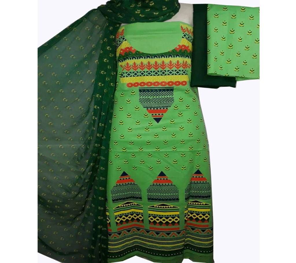 Unstitched Apple Green Cotton Screen Printed Salwar Kameez for Women