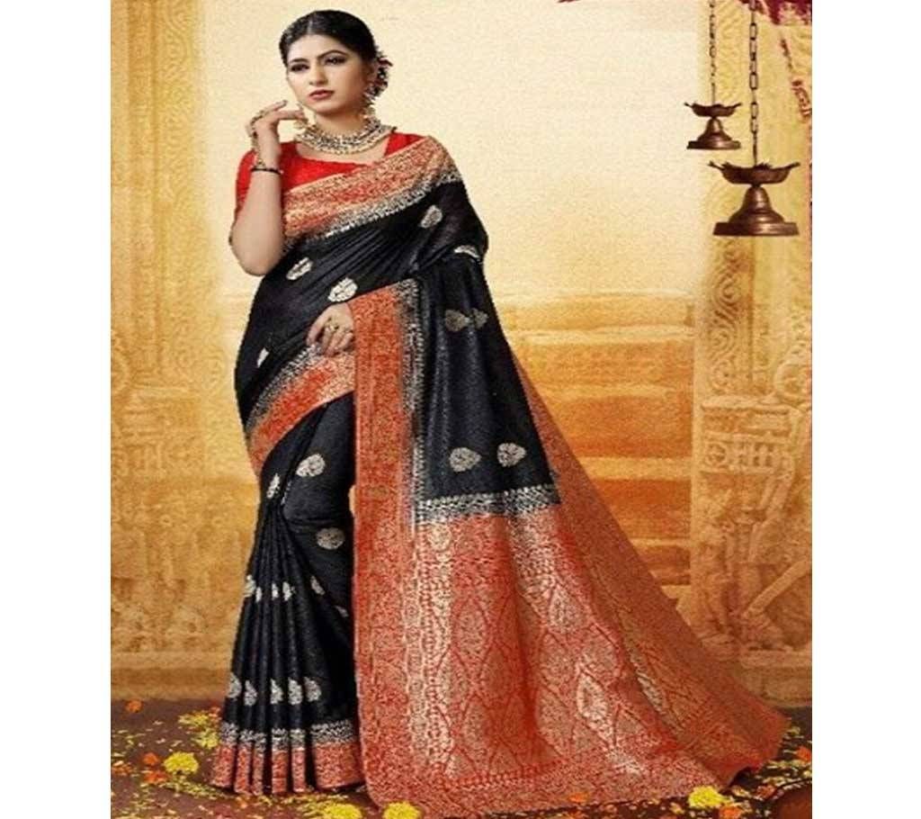 Black,red and Golden Embroidery Work Katan Saree For Women