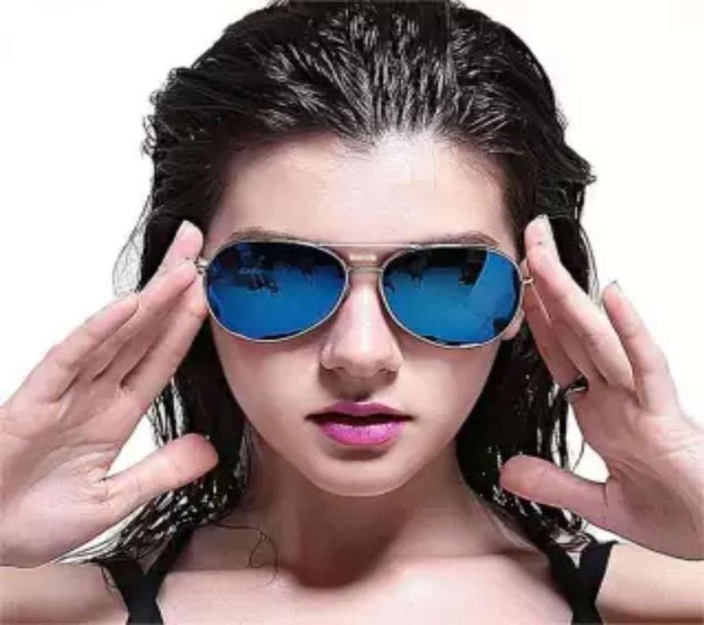 Silver Metal Blue Shaded Sunglasses for Women with Stylish Box