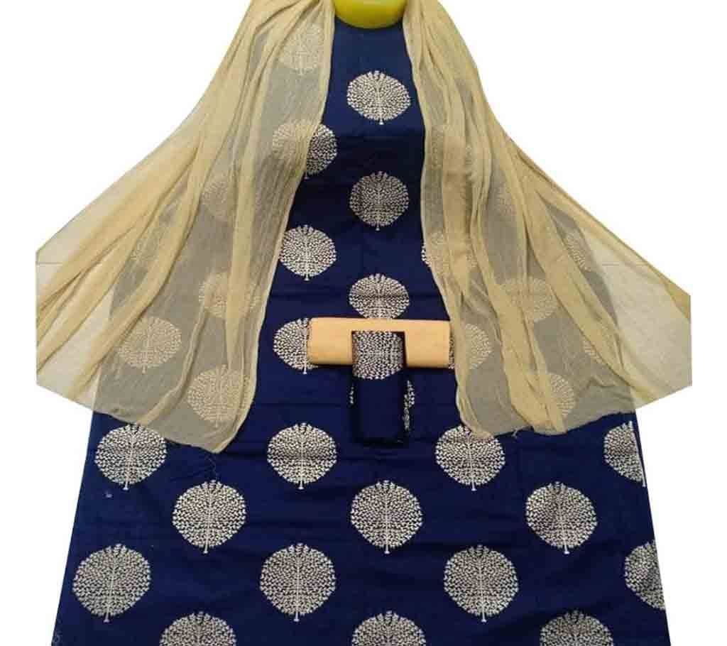 Navy Blue Unstitched Skin Printed Cotton 3Piece