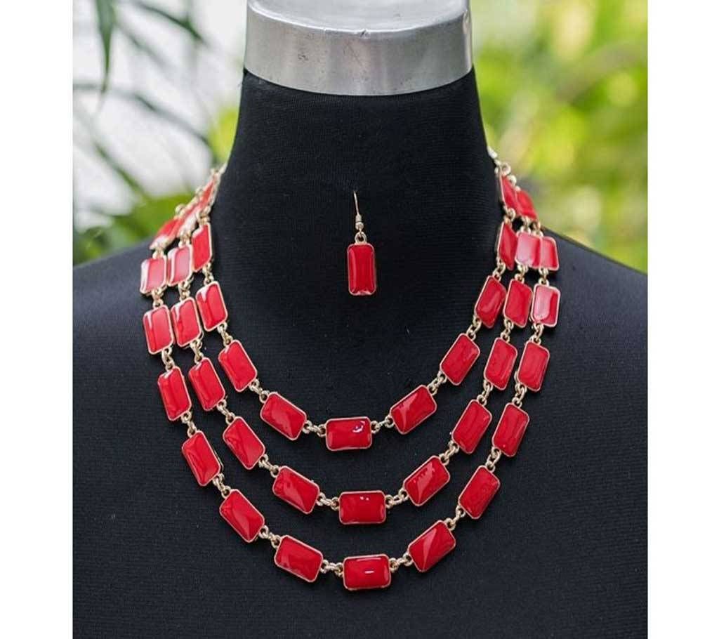 Beautiful Red Rectangle Stone Multi Chain Necklace with Earring