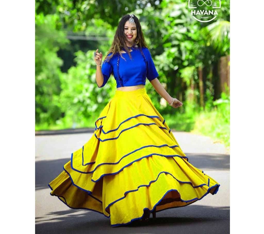Exclusive New Designer Dress Yellow and Blue color Layer Step With Chiffon dupatta