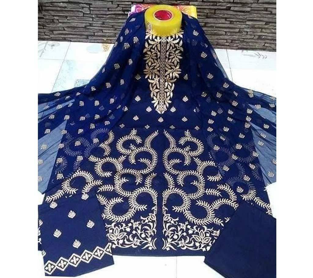Navy Blue with Golden Leaf Design Whole Body - Cotton Print 3pc - 2