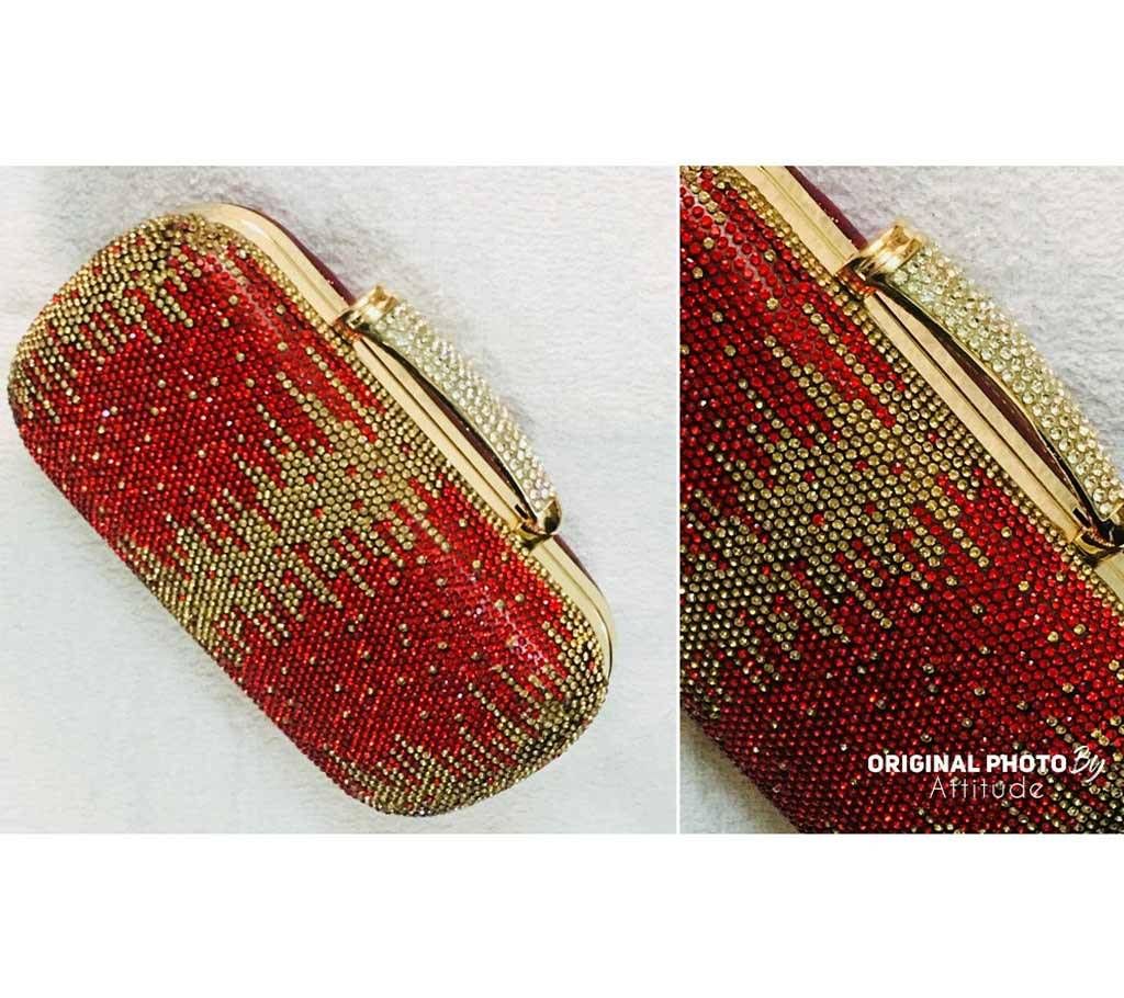 Red Golden Stone Shining Stylish Clutch Bag For Women