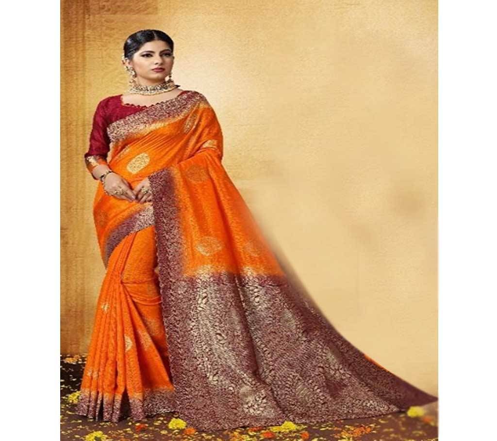 Orange,marron and Golden Embroidery Work Katan Saree For Women