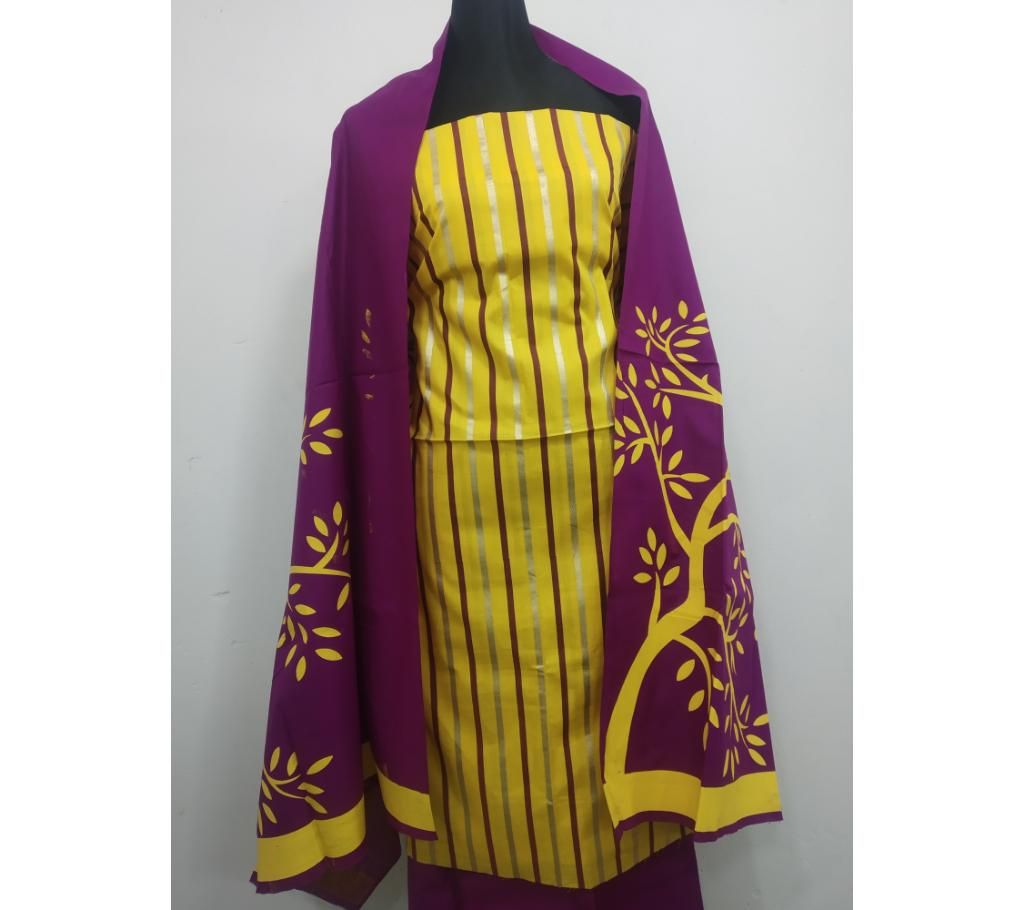  Unstitched Skin Print Salwar Kamiz Yellow Stripe Three Piece 