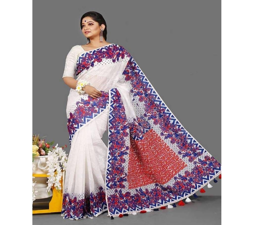 Hand Block And Embroidery Pure Muslin Silk Saree  