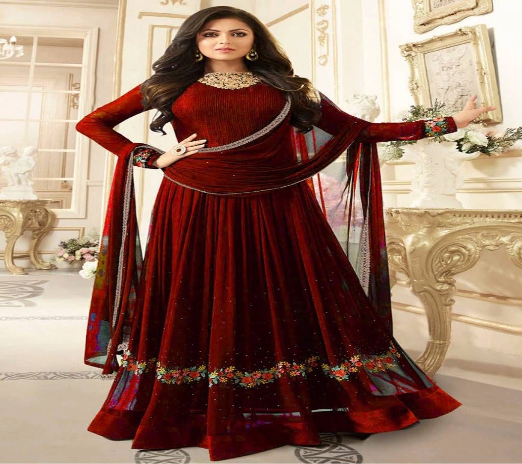 Maroon Semi-Stitched Georgette Gown For Women