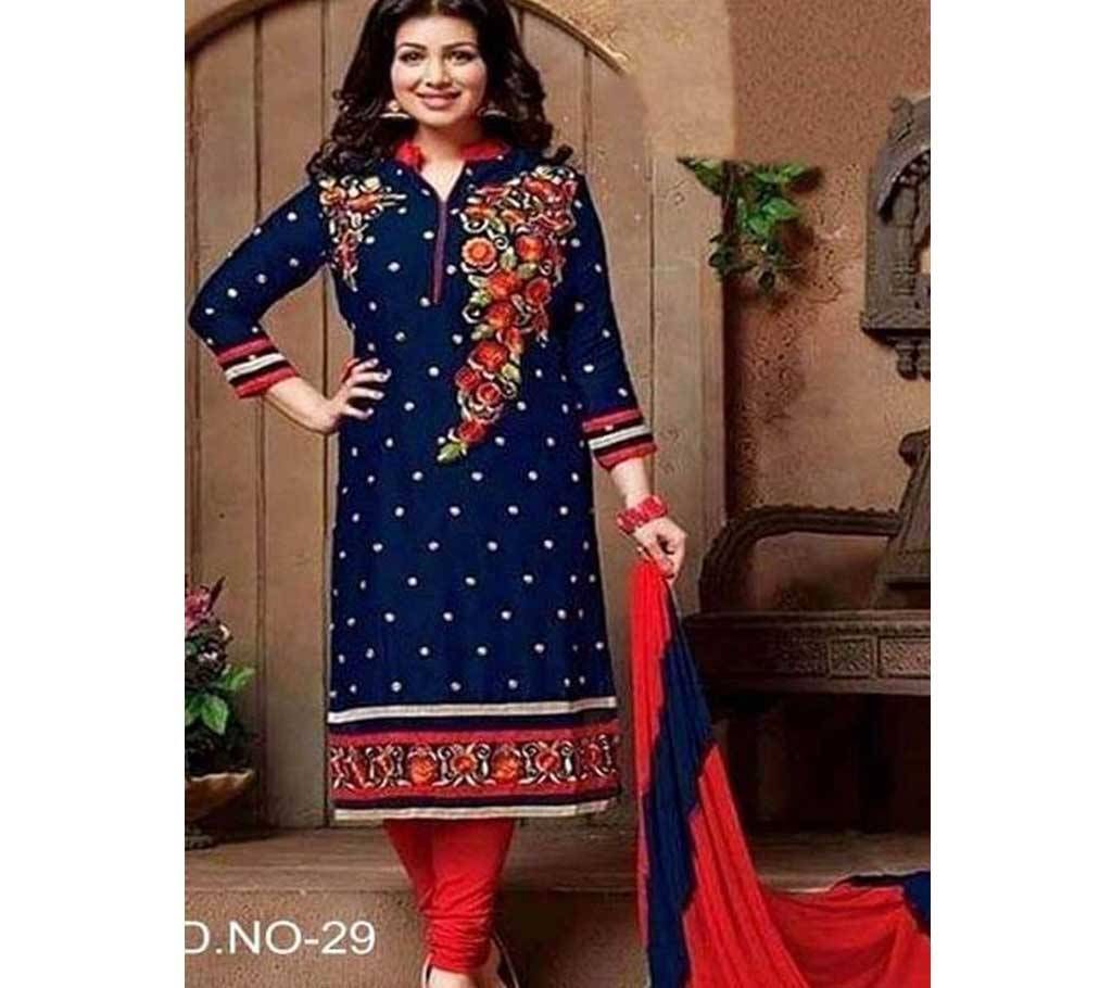 Navy Blue with Multi Color Flower Design and Dot Dot Design Unstich Block Print Cotton 3pc  D.No-29