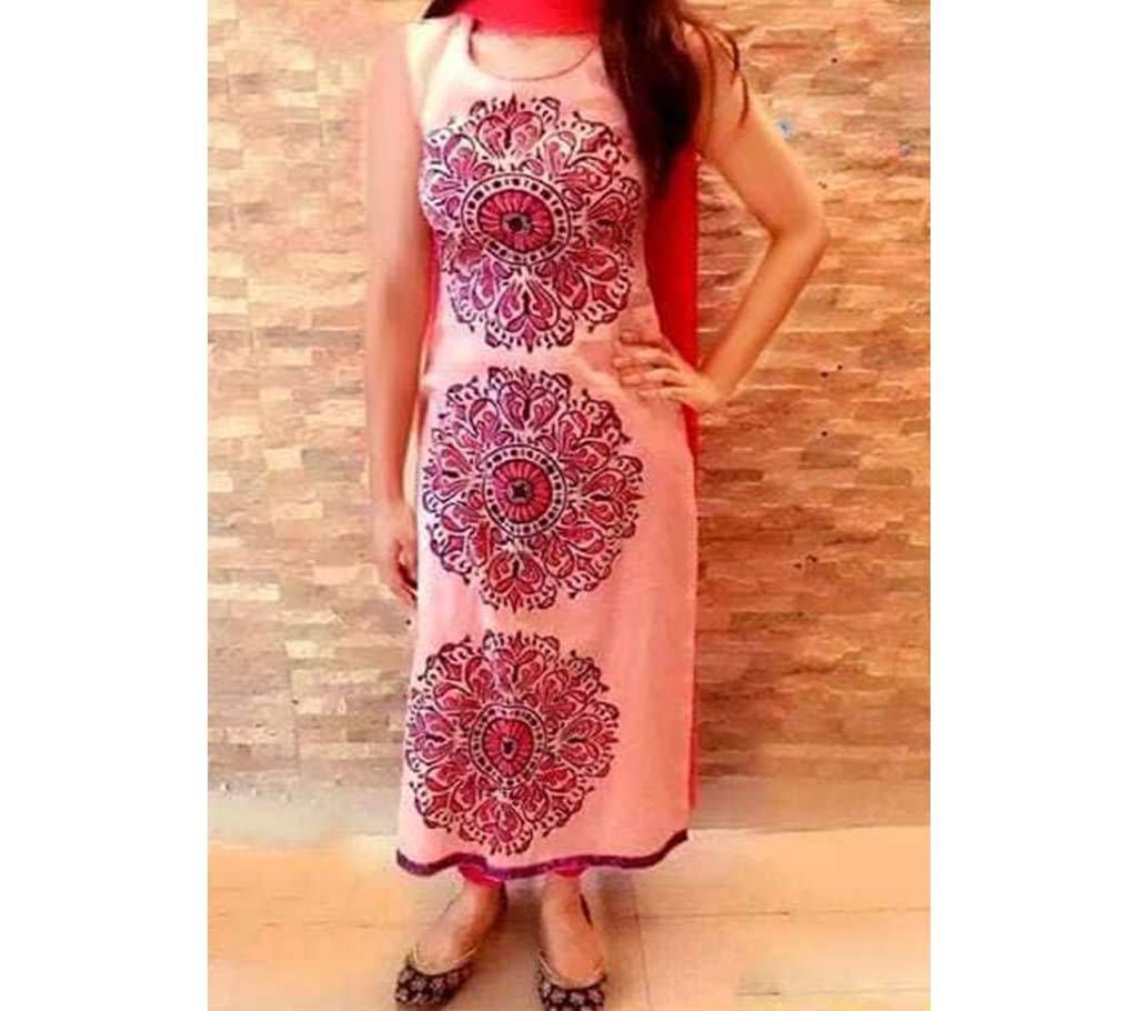 Unstitched Regualr block Design Sleeveless Cotton Three-Piece