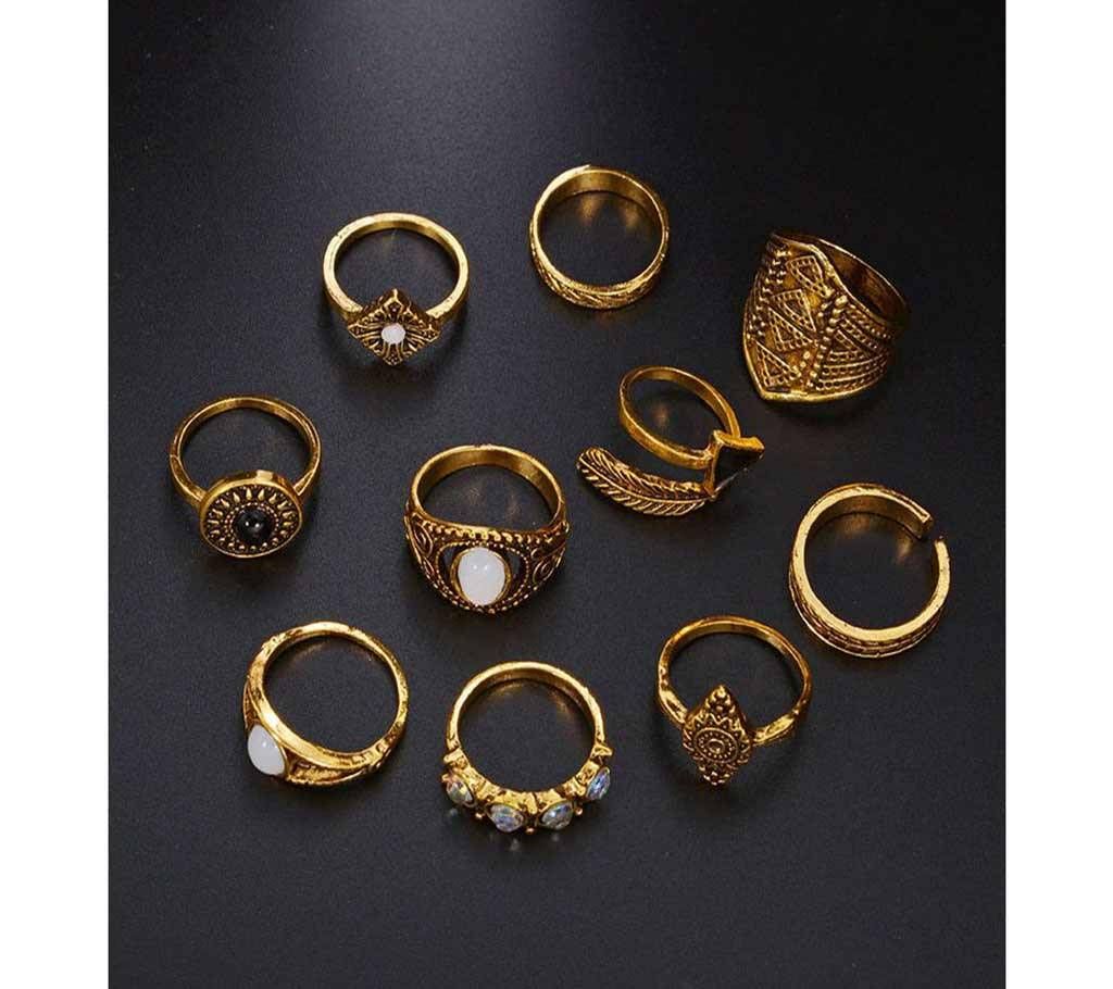 10PCS/Lot Opal Leaf Stone Ring Set - Golden