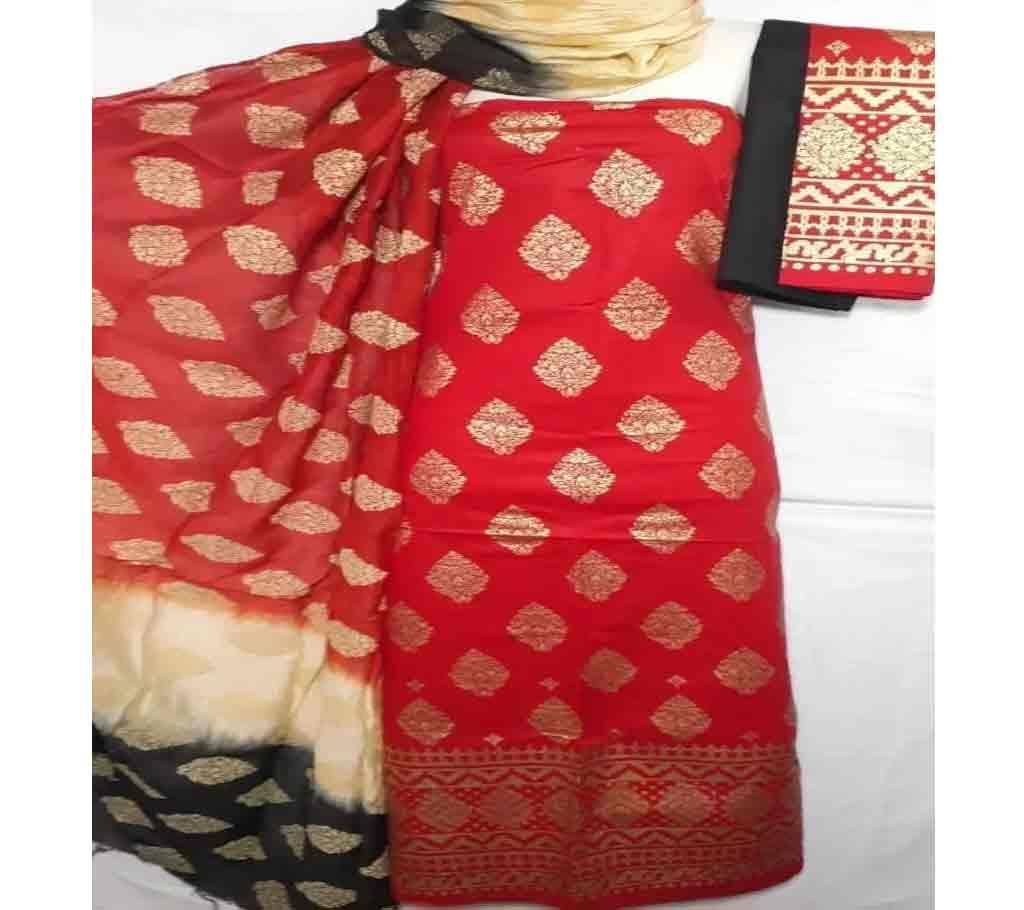 Unstitched Red Cotton screen Printed Salwar Kameez for Women