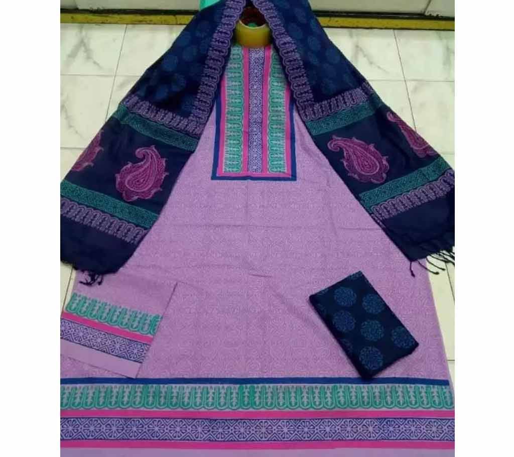 cotton block print embroidery three piece
